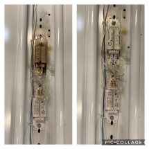 Before and after of a burnt out ballast for a fluro light fitting